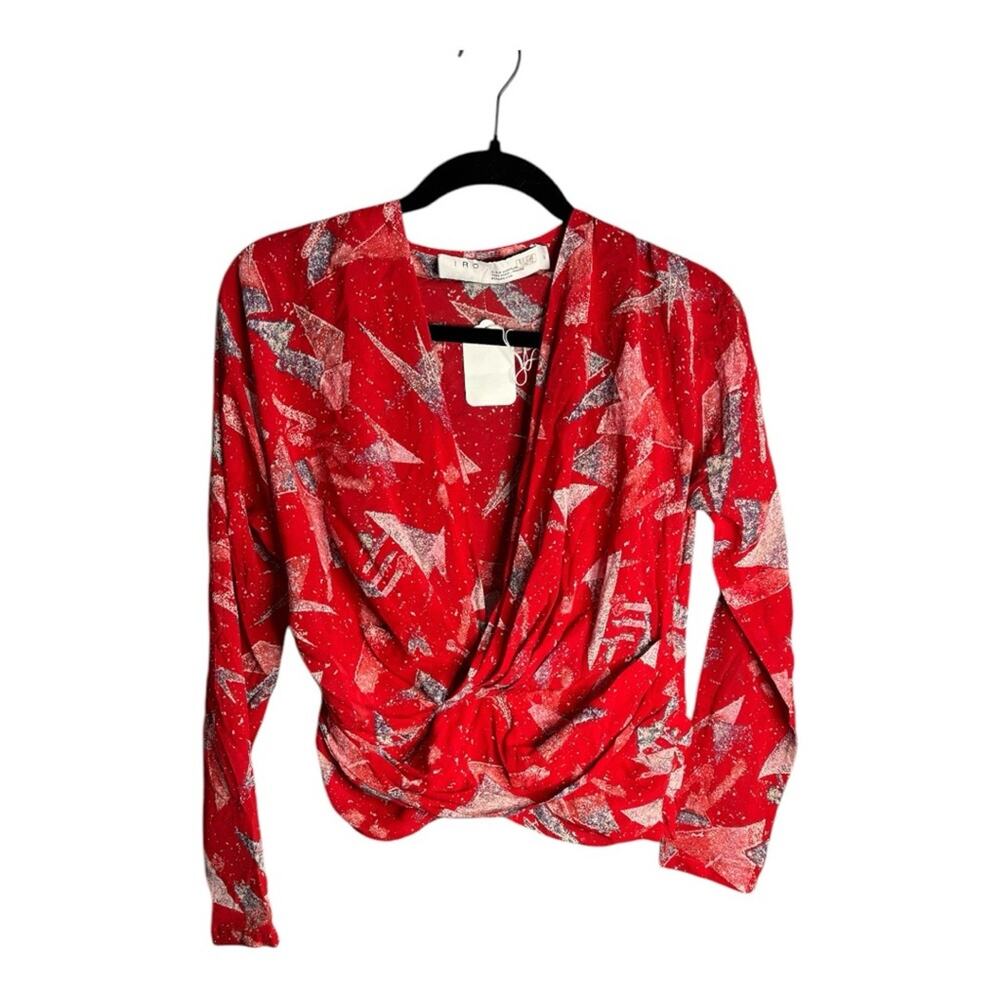 IRO Red and Gray Printed Open Front Long Sleeve Silk Blouse XL